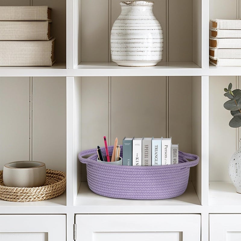 WILLITAT Small Baskets for Gifts Empty, 13"x 9"x 5" Woven Gift Basket with Bag and Ribbon, Cotton Rope Kids Dog Cat Toy Bin Box, Cute Baby Nursery Organizer, Decorative Storage with Handles,Purple - Image 5